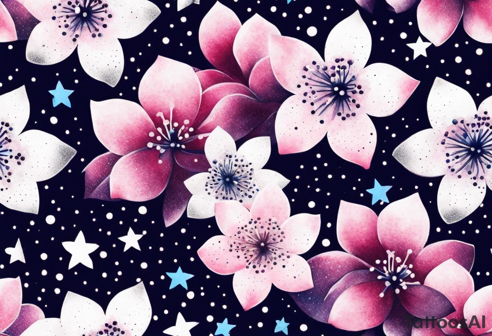 Stars, pinks, purples, blues with cherry blossoms tattoo idea