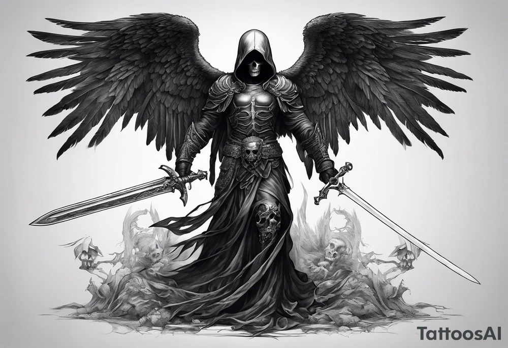 realistic full body of black angel of death, no face, face is not visible, with wings holding only one sword in both hands, the edge of the sword is killing the skull, skull is on the ground tattoo idea