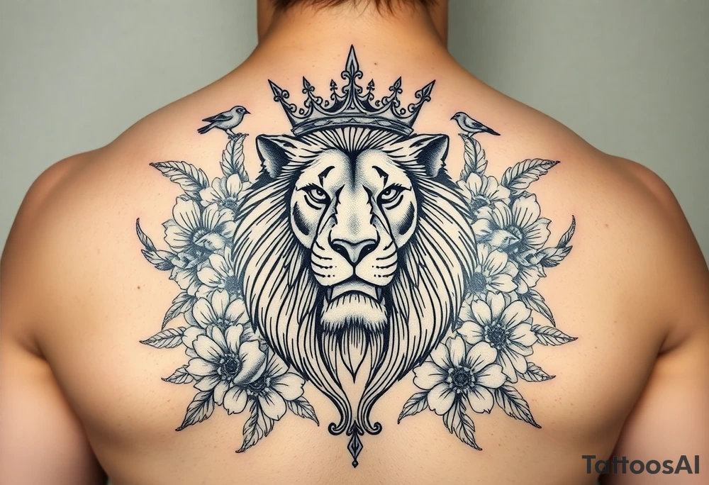 powerful majestic lion with a crown, surrounded by floral ornaments and birds tattoo idea