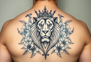 powerful majestic lion with a crown, surrounded by floral ornaments and birds tattoo idea