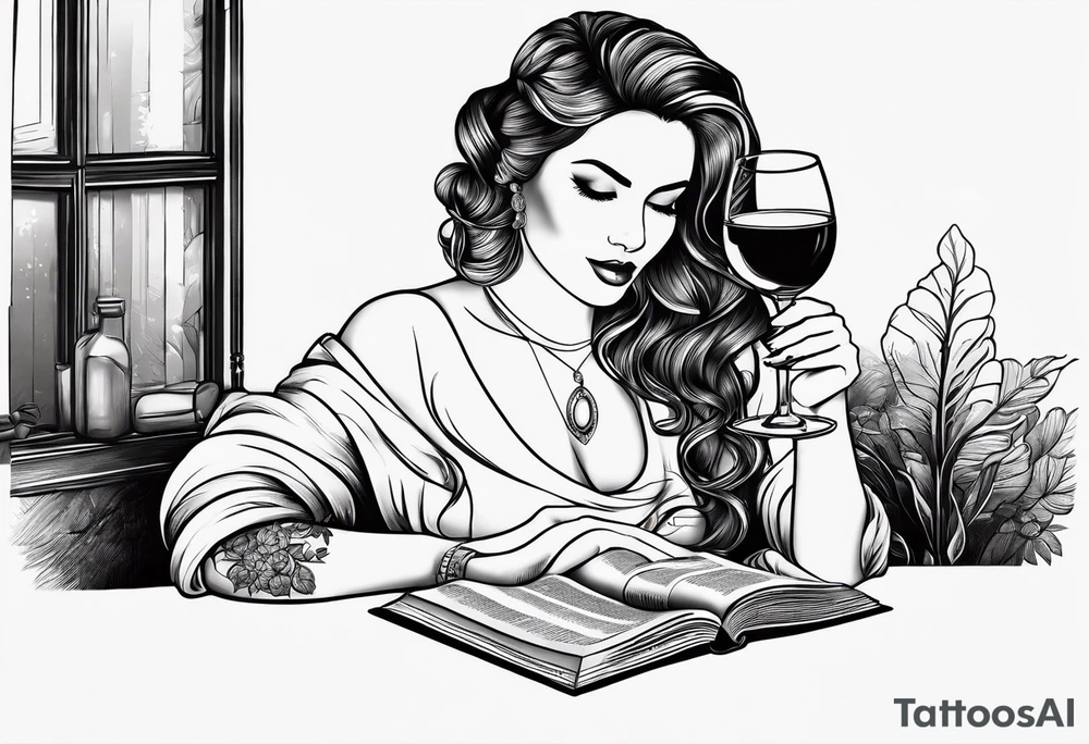 A women drinking wine and reading a book tattoo idea
