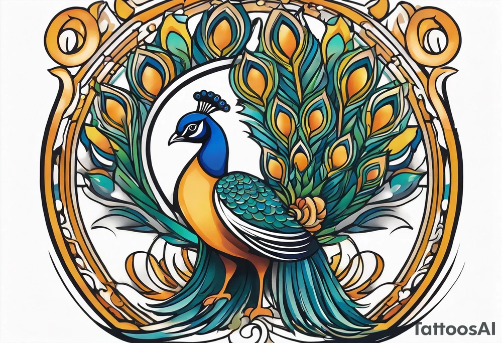 Colorful peacock over a sublime style sun standing in a stick with a horseshoe over the top of the peacock to each side of the stick tattoo idea