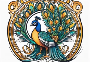 Colorful peacock over a sublime style sun standing in a stick with a horseshoe over the top of the peacock to each side of the stick tattoo idea