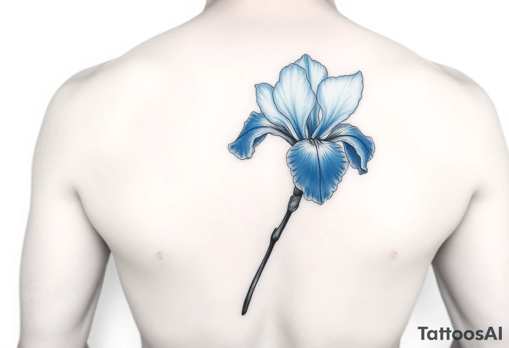 Bouquet of blue iris flower in the style of Van Gogh. One petal falling and one upright. Tattoo is to be on abdomen. tattoo idea