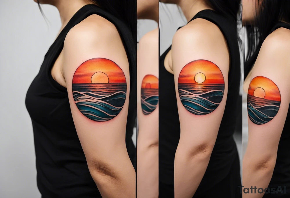 This tattoo needs to be incredibly simple and minimal. It's a sunset from the perspective of being on a boat on the ocean. The waves are very calm and there is no land in site. There are slight reflections of the sun on the water. The tattoo will be in landscape orientation. Mostly black with small splashes of color from the sun. There should be no objects in the tattoo besides the sun, water, and maybe some clouds and a bird or two. No land or boats. tattoo idea
