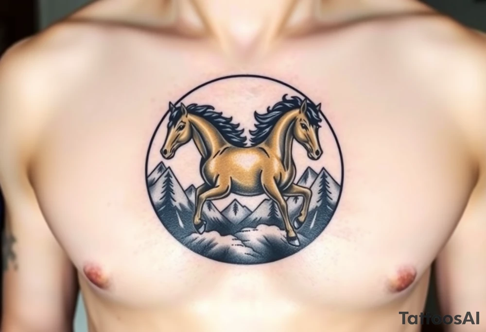 A golden mustang horse with black mane and legs, captured in motion inside a circle. The mountains and nature should frame the design, blending with the horse's black fur as a base to represent the landscape. Experiment with using the black fur to shape the mountains, playing with edges or interior details. tattoo idea