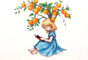 A blond little girl wearing a blue dress sitting under a orange tree while reading a book.


. tattoo idea