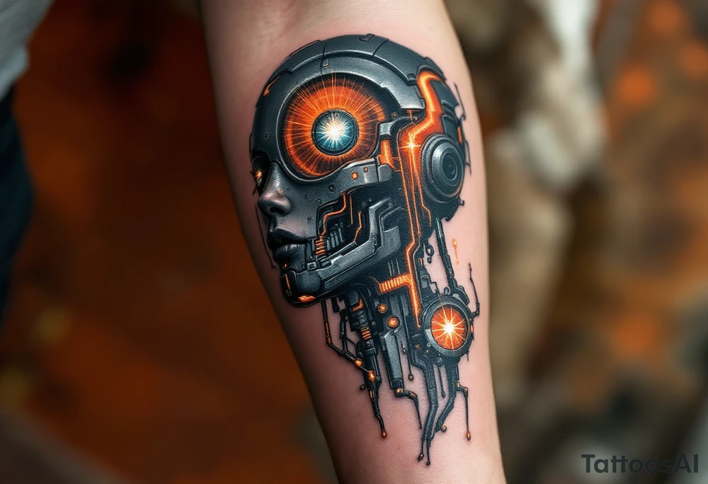 A half-human, half-android full arm design in glossy gunmetal, lit from within by soft amber light trails tattoo idea