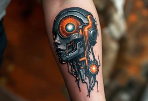 A half-human, half-android full arm design in glossy gunmetal, lit from within by soft amber light trails tattoo idea