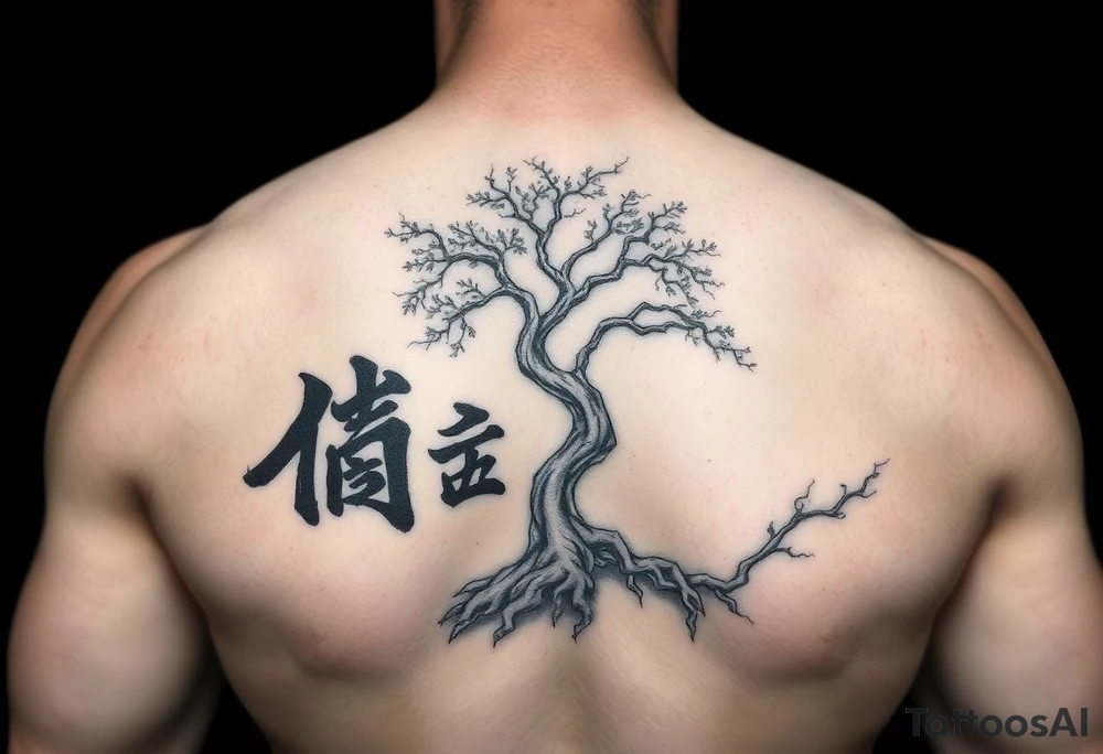 japanese writing with money tree on chest tattoo idea