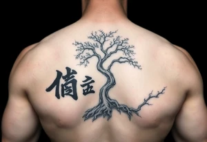 japanese writing with money tree on chest tattoo idea
