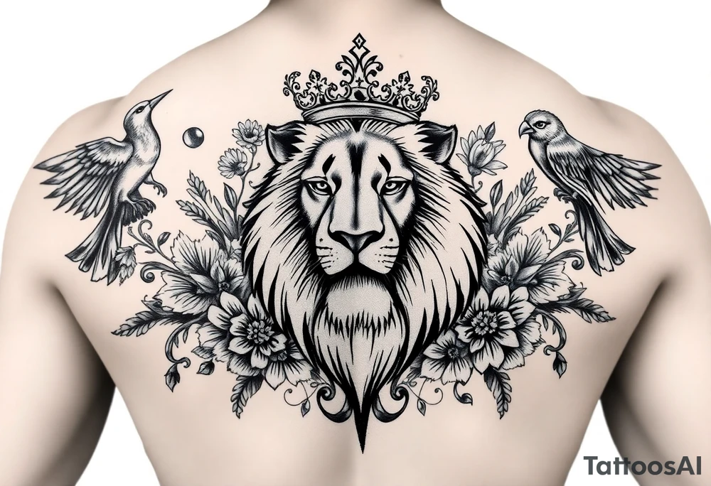 powerful majestic lion with a crown, surrounded by floral ornaments and birds tattoo idea