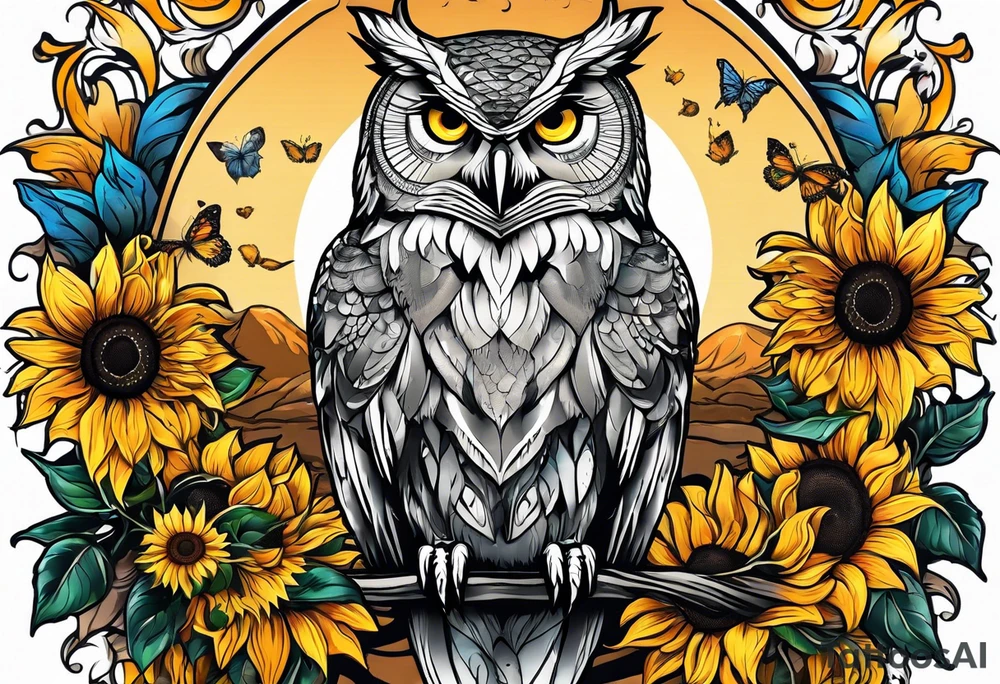 Arm sleeve with an owl surrounded by sunflowers with a butterfly on the sunflower tattoo idea