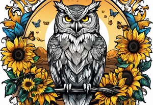 Arm sleeve with an owl surrounded by sunflowers with a butterfly on the sunflower tattoo idea