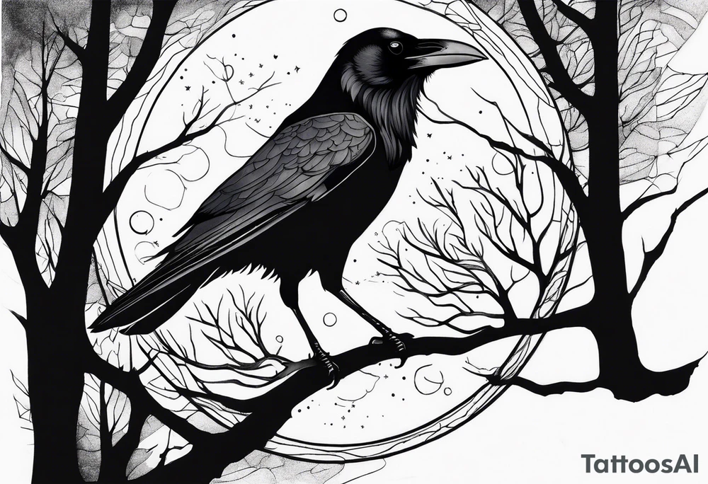 Raven in flight, upsidedown, knowing, ethereal, moon stars and trees in the background tattoo idea
