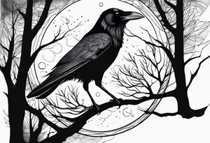 Raven in flight, upsidedown, knowing, ethereal, moon stars and trees in the background tattoo idea