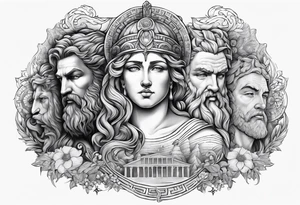 religious theme with some greek gods shoulder piece tattoo idea