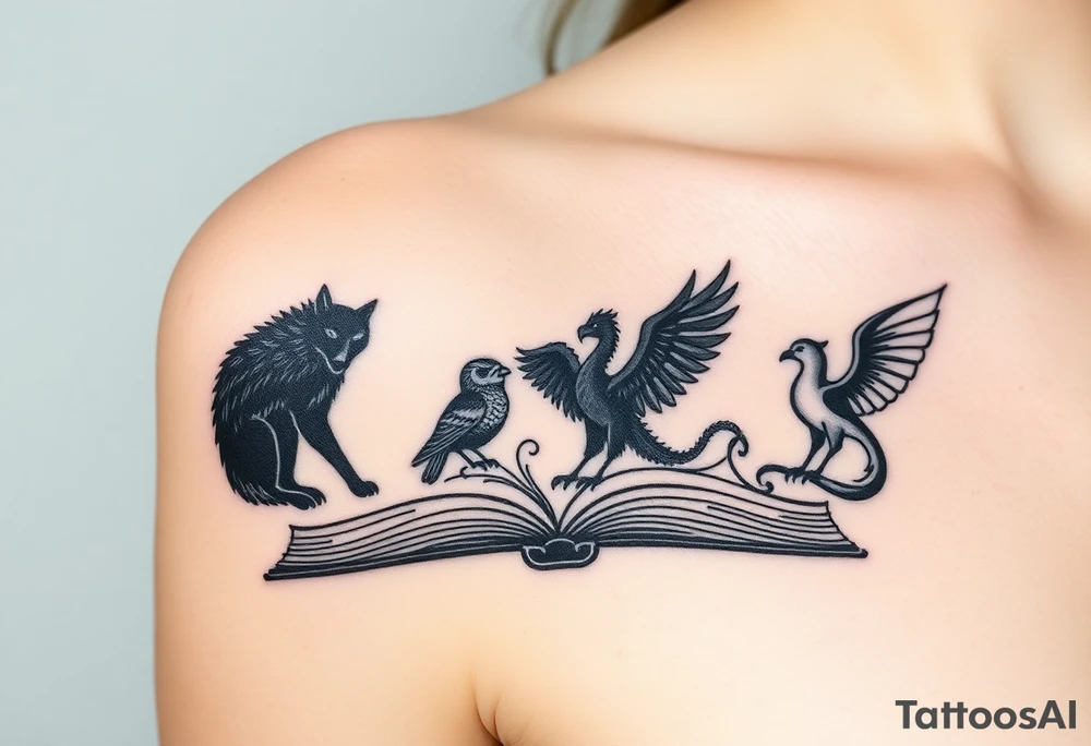 An open book with black silhouettes of a werewolf, an owl, a dragon & a phoenix coming out of the book tattoo idea