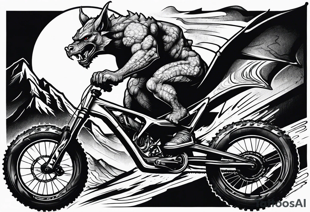gargoyle riding a full suspension mountain bike with a shadow no background tattoo idea