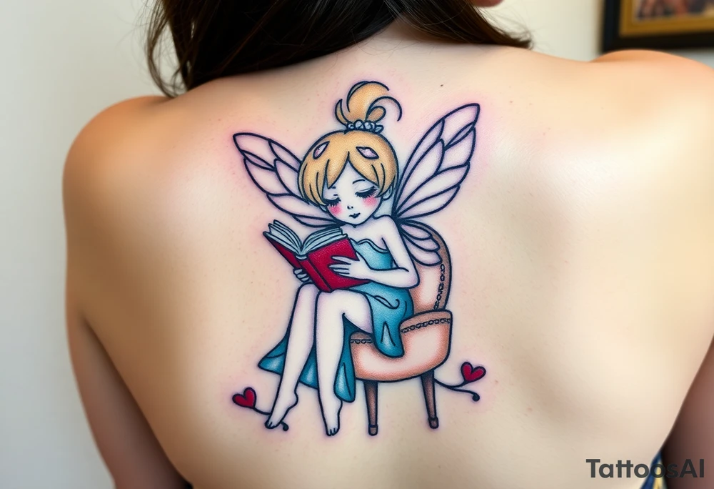 Fairy, reading a book, in a library, sitting in a chair tattoo idea