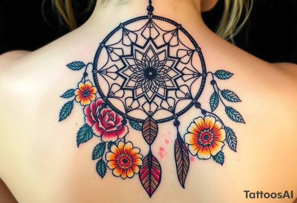 Dreamcatcher with zodiac symbols and protection runes caught in it with tigerlillies roses and sunflowers tattoo idea