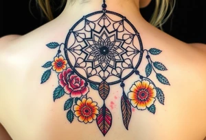 Dreamcatcher with zodiac symbols and protection runes caught in it with tigerlillies roses and sunflowers tattoo idea