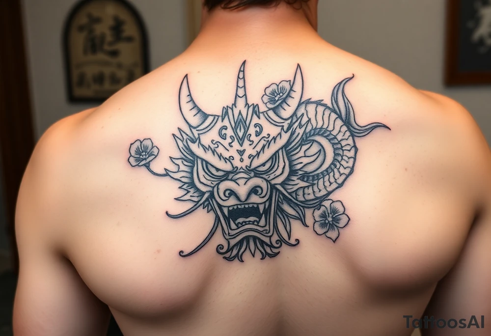 Japanese style forearm tattoo that shows a dragon an oni mask or warrier with incorporating some flower petals tattoo idea