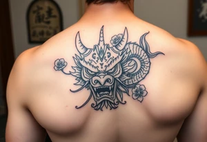 Japanese style forearm tattoo that shows a dragon an oni mask or warrier with incorporating some flower petals tattoo idea