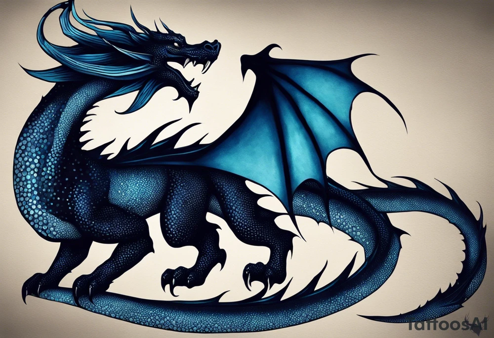 An epic floating dragon. Its long body coiling dynamically, with scales and horns detailed to create a sense of movement and strength. The dragon's main color is midnight blue, giving a vibrant depth and a mystical aura. This tattoo highlights the dragon’s fierce expression and sharp claws. tattoo idea