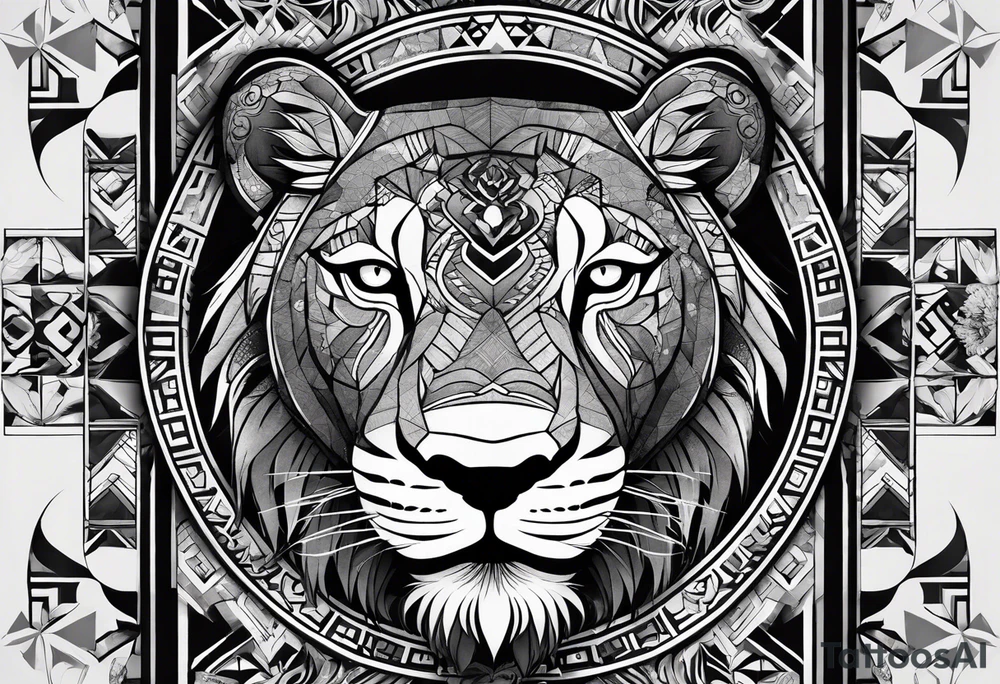 Very asymmetrical, +geometric pattern, with realistic full moon, with hippo face surround with lion fur,+tribal, +geometric, +inkart , +blackwork, +grey scale, + sketch
with wintersweet flower bud, +inkart touch, +for men, detailed , combined favourite , tattoo idea