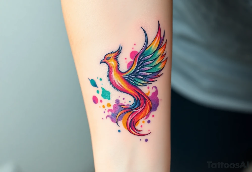 Phoenix with blazing flames with purple and green splashes surrounded by fire tattoo idea