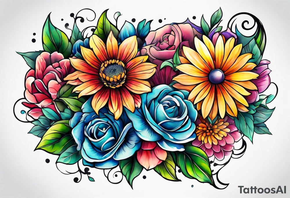 Colorful flower half arm sleeve tattoo idea