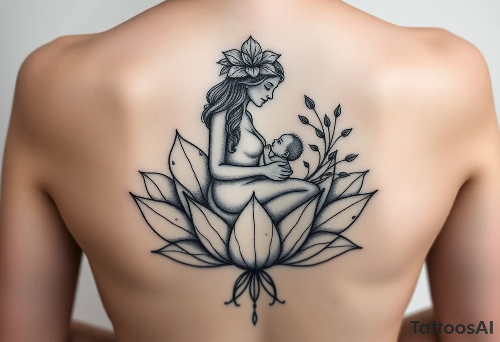 Mère assise en lotus qui allaite son bébé, la mère à une fleur de lys sur la tête et des racines d’arbre de vie tattoo idea