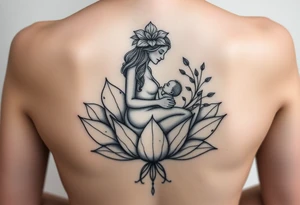 Mère assise en lotus qui allaite son bébé, la mère à une fleur de lys sur la tête et des racines d’arbre de vie tattoo idea