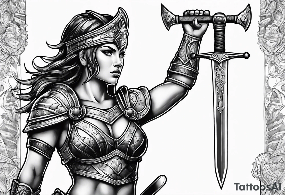 Female gladiator full body sword tattoo idea
