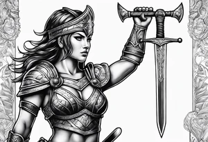 Female gladiator full body sword tattoo idea