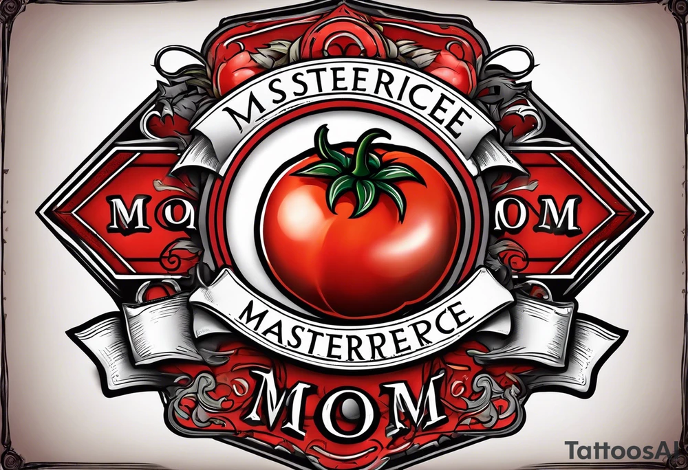 Red tomato with a mom banner around it tattoo idea