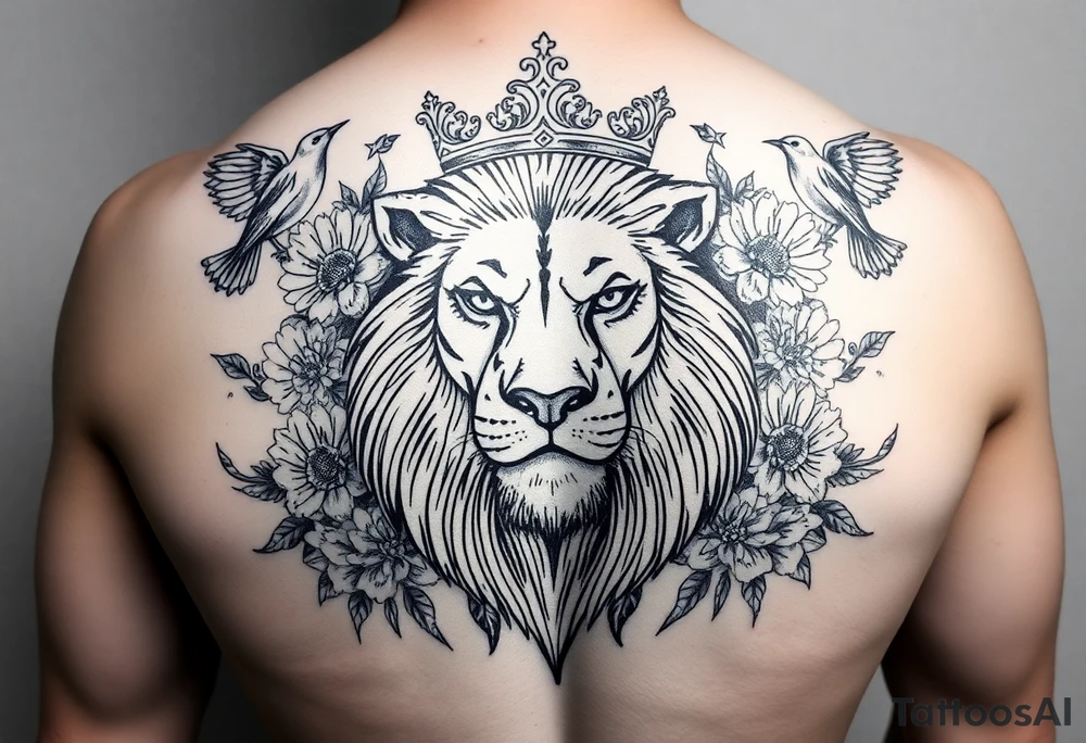 powerful majestic lion with a crown, surrounded by floral ornaments and birds tattoo idea