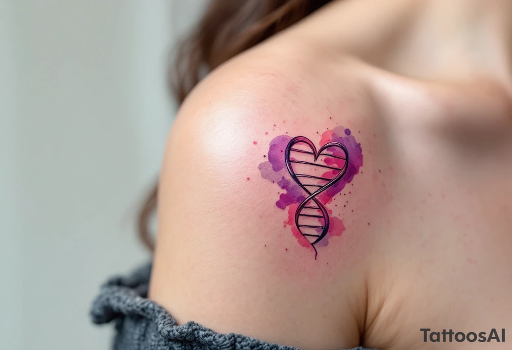 A stylized DNA helix in violet and pink forming a heart pays tribute to the biological and emotional bonds of motherhood. tattoo idea