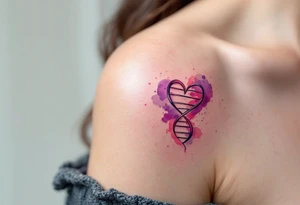 A stylized DNA helix in violet and pink forming a heart pays tribute to the biological and emotional bonds of motherhood. tattoo idea