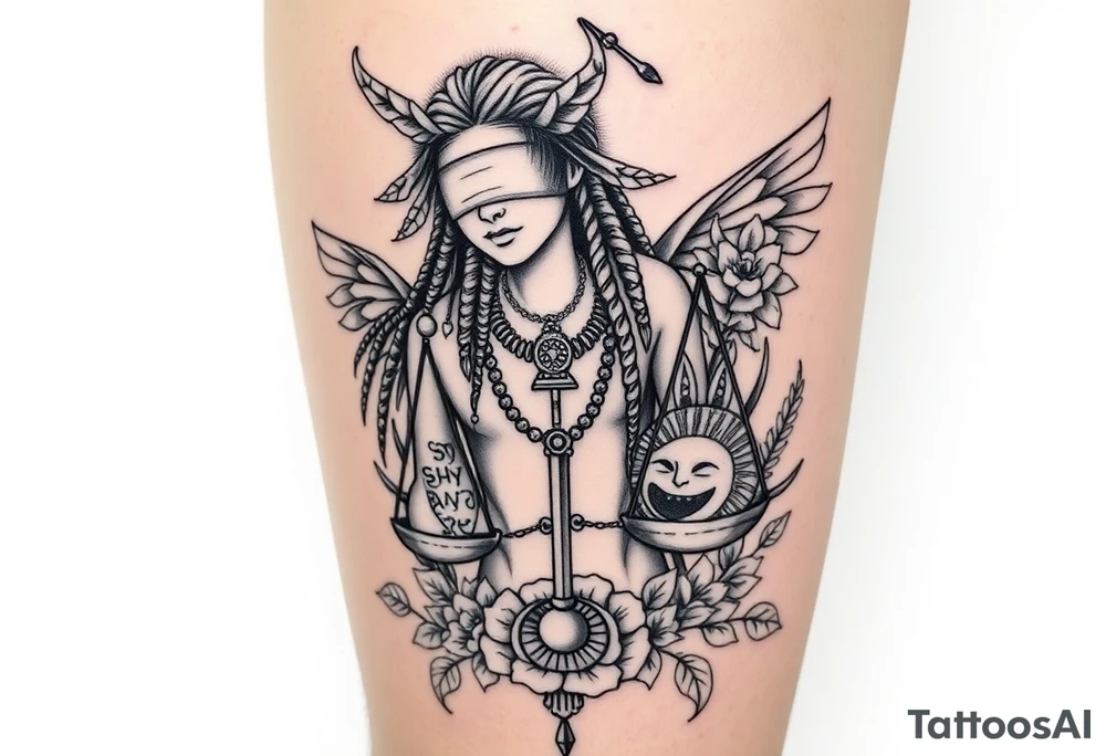 Sylph with dreads wearing blind fold and ankh pendant with tattoos holding weighing scales with the sun and moon rose vines surrounding and Anubis guarding tattoo idea