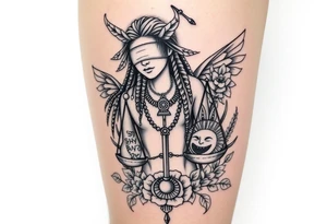 Sylph with dreads wearing blind fold and ankh pendant with tattoos holding weighing scales with the sun and moon rose vines surrounding and Anubis guarding tattoo idea