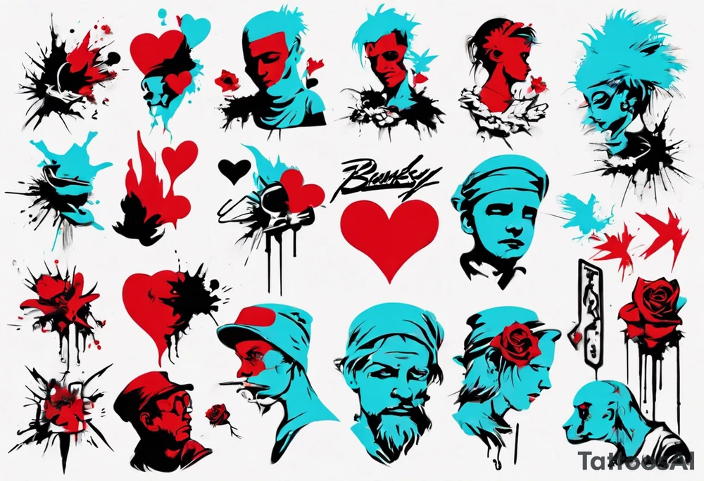 BANKSY ART STYLE, red and cyan, tattoo idea