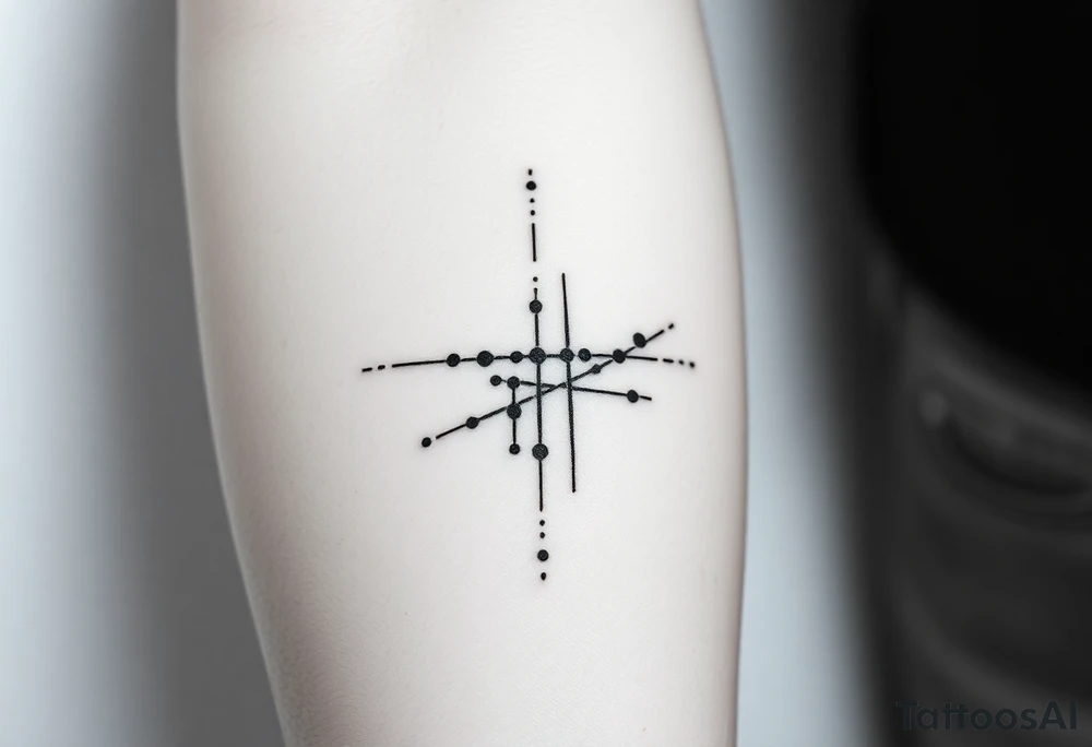 Abstract black line tattoo for a male.
Irregular, broken, sketch-like lines with sharp direction changes.
Non-elegant, non-minimal, non-feminine.
Raw hand-drawn tattoo stencil style.
Black ink only, no shading, no smooth curves.
Inner forearm wrapping around the elbow. THESE ARE SO COMPLEX. I DONT WANT THAT tattoo idea