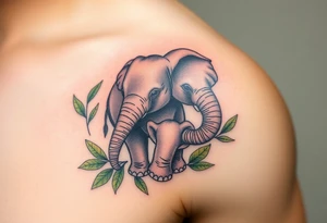 A baby elephant holding its parent’s trunk, surrounded by soft green leaves and warm earth tones, symbolizing guidance and protection tattoo idea