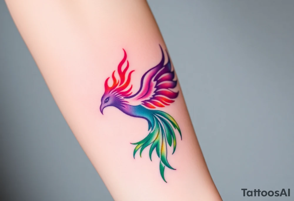 Phoenix with blazing flames with purple and green tattoo idea