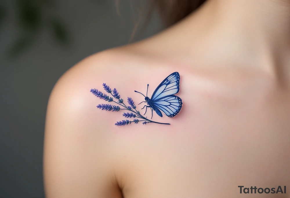 A butterfly landing on a lavender sprig, with soft pastel blue wings and intricate floral details. tattoo idea