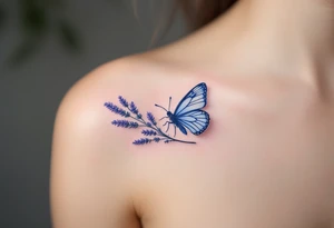 A butterfly landing on a lavender sprig, with soft pastel blue wings and intricate floral details. tattoo idea