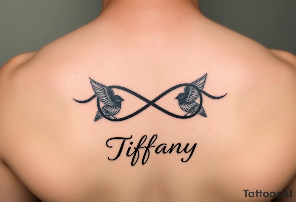 Infinity symbol with birds and the name Tiffany tattoo idea