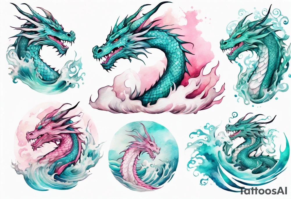 a beautiful turquoise pink and white dragon rising from the waves of the sea with a feminine face tattoo idea